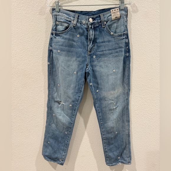 NWT AMO Tomboy Crop Loose Fit Relaxed Rise Vintage Embroidered Floral Jeans 26 - Picture 2 of 16